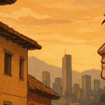 Ilustración de un joven con mochila observando la ciudad desde una calle empedrada en La Candelaria, con edificios coloniales alrededor y el centro urbano de Bogotá difuminado al fondo al atardecer.