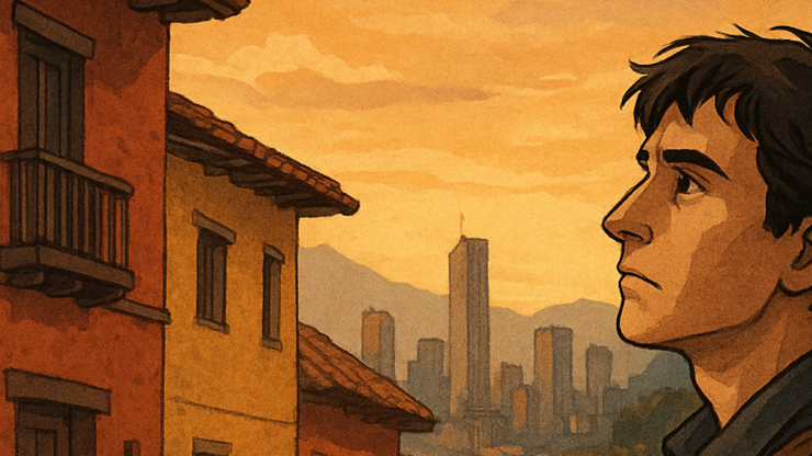 Ilustración de un joven con mochila observando la ciudad desde una calle empedrada en La Candelaria, con edificios coloniales alrededor y el centro urbano de Bogotá difuminado al fondo al atardecer.