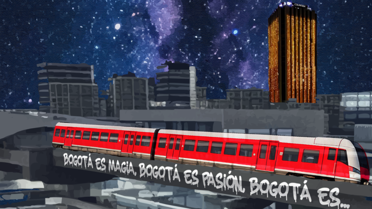 Ilustración urbana nocturna inspirada en Bogotá: se aprecia un tren rojo y edificios altos.