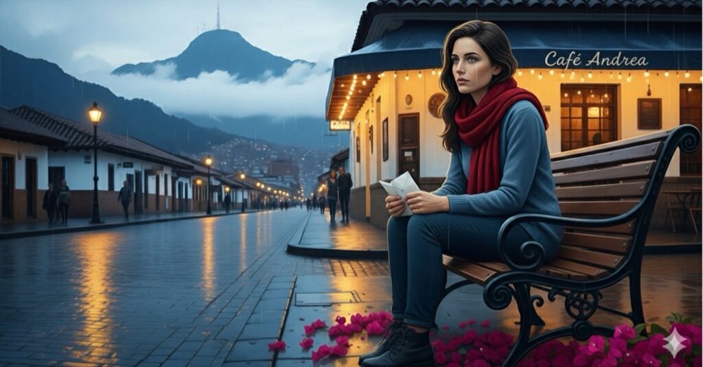 Una joven de cabello castaño oscuro está sentada en una banca de madera, con un suéter azul y una bufanda roja. Sostiene un sobre blanco mientras la rodean pétalos fucsias en el suelo. Detrás de ella se ve un café con el letrero “Café Andrea”, iluminado con luces cálidas. El suelo está mojado por la lluvia y al fondo se alzan las montañas bajo un cielo gris. Su expresión es tranquila, como si estuviera encontrando paz después del desamor.