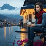 Una joven de cabello castaño oscuro está sentada en una banca de madera, con un suéter azul y una bufanda roja. Sostiene un sobre blanco mientras la rodean pétalos fucsias en el suelo. Detrás de ella se ve un café con el letrero “Café Andrea”, iluminado con luces cálidas. El suelo está mojado por la lluvia y al fondo se alzan las montañas bajo un cielo gris. Su expresión es tranquila, como si estuviera encontrando paz después del desamor.