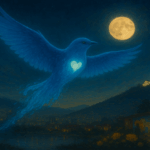 Un símbolo de libertad vuela por los aires llevando una silueta luminosa que representa el corazon de la ciudad.