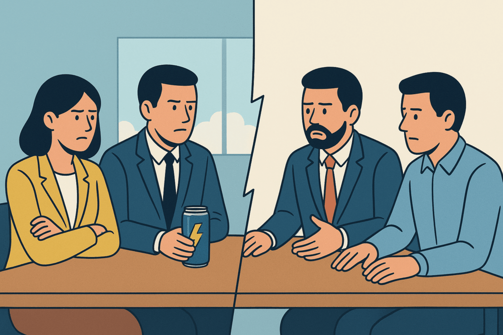 Ilustración de cuatro personas sentadas en una mesa durante una reunión, divididas en dos grupos que muestran expresiones de desacuerdo. La escena sugiere que no están pensando de la misma manera.