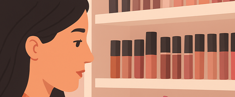 Una mujer observa con atención los productos de maquillaje en el pasillo de una tienda, comparando opciones para elegir la mejor pestañina, en un momento cotidiano de búsqueda de belleza.