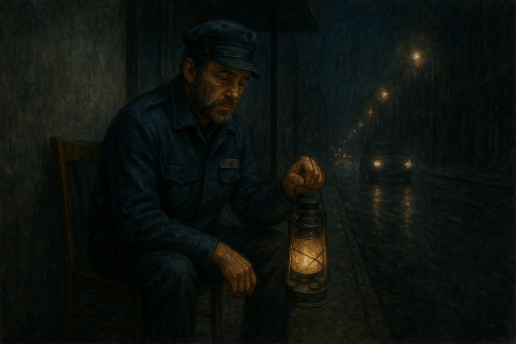 Rodolfo, un celador de uniforme azul, está sentado en una banca en Bogotá. Sostiene una lámpara encendida entre las manos mientras mira al suelo, con el rostro triste y cansado, acompañado solo por el silencio frío de la ciudad