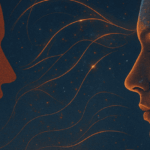 Ilustración de una figura humana frente a un rostro digital, simbolizando la relación entre el algoritmo y la mente humana, y cómo la tecnología influye en nuestros pensamientos y decisiones.