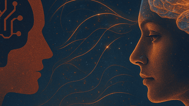 Ilustración de una figura humana frente a un rostro digital, simbolizando la relación entre el algoritmo y la mente humana, y cómo la tecnología influye en nuestros pensamientos y decisiones.