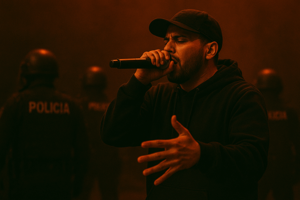 En la imagen hay un hombre joven con barba corta, gorra negra y sudadera oscura. Está sosteniendo un micrófono con una mano y parece estar rapeando o hablando con fuerza y emoción. Su otra mano está extendida, acompañando sus palabras con gestos. Detrás de él, hay varios policías con cascos y chalecos que dicen la palabra “POLICÍA”. El ambiente es oscuro y rojizo, como si hubiera humo o luces intensas. La escena transmite tensión y rebeldía, como una expresión de protesta o denuncia social.
