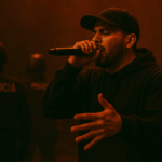 En la imagen hay un hombre joven con barba corta, gorra negra y sudadera oscura. Está sosteniendo un micrófono con una mano y parece estar rapeando o hablando con fuerza y emoción. Su otra mano está extendida, acompañando sus palabras con gestos. Detrás de él, hay varios policías con cascos y chalecos que dicen la palabra “POLICÍA”. El ambiente es oscuro y rojizo, como si hubiera humo o luces intensas. La escena transmite tensión y rebeldía, como una expresión de protesta o denuncia social.