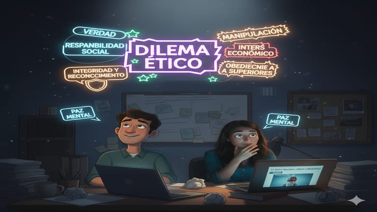 Ilustración de dos personas sentadas frente a sus escritorios en una oficina oscura, iluminada solo por las pantallas de sus laptops y algunos focos tenues. Sobre sus cabezas aparecen varios letreros luminosos que representan un “dilema ético”. A la izquierda, los letreros positivos dicen: “Verdad”, “Responsabilidad social”, “Integridad y reconocimiento” y “Paz mental”. A la derecha, los letreros negativos dicen: “Manipulación”, “Interés económico” y “Obediencia a superiores”. La persona de la izquierda, con expresión tranquila y relajada, mira hacia arriba sonriendo, representando la toma de decisiones éticas. La persona de la derecha, con expresión preocupada y la mano en la boca, observa su computadora, donde aparece una noticia. En el fondo se ven pizarras con documentos y notas, dando la sensación de un ambiente de investigación o oficina.