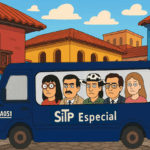 Un bus de Transporte Publico SITP, con cinco personas dentro con estilo de caricatura y expresiones serias, en una calle con murales coloridos indígenas y casas antiguas al fondo.