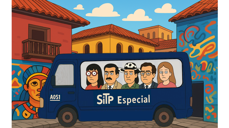 Un bus de Transporte Publico SITP, con cinco personas dentro con estilo de caricatura y expresiones serias, en una calle con murales coloridos indígenas y casas antiguas al fondo.