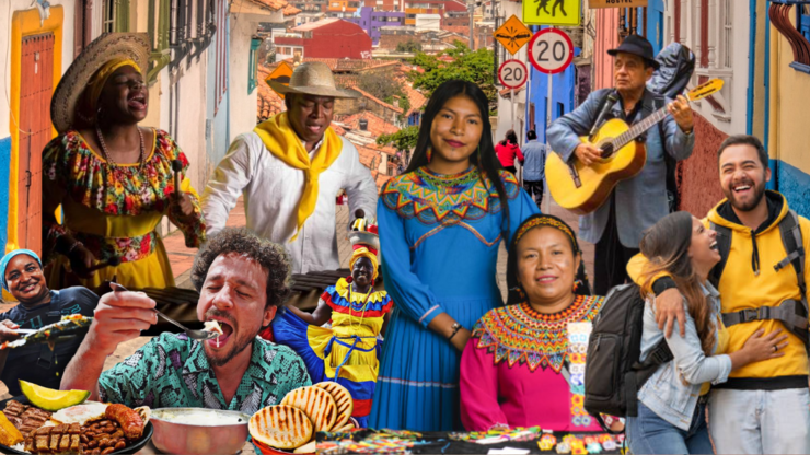 Imagen que representa la pluralidad cultural de Colombia, mostrando personas con vestimentas tradicionales, músicos, comida típica y diversidad étnica en un ambiente colorido y alegre.