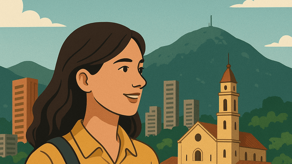 Joven con cabello largo y oscuro, vestida con camisa amarilla, sonríe frente a Bogotá, con la iglesia de La Candelaria, edificios y montañas al fondo.