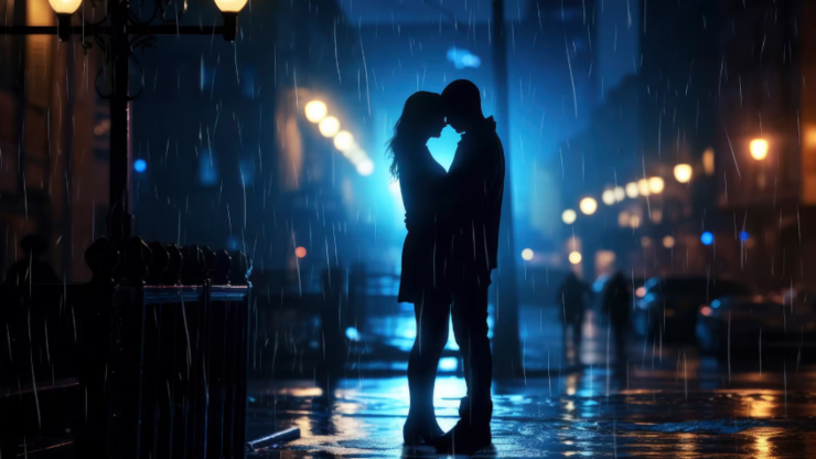 Una pareja bajo la lluvia en una noche iluminada
