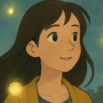 Primer plano de una joven de cabello castaño que sonríe bajo la lluvia en una calle bogotana. Viste un abrigo mostaza y un vestido azul, mientras a su alrededor flotan los Recuerderos, pequeñas luces doradas que guardan memorias y llenan el aire de magia. El fondo, con tejados y neblina, evoca el estilo cálido y nostálgico