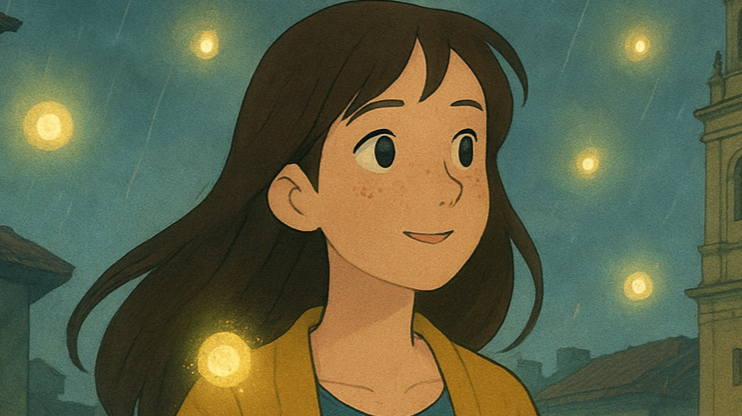 Primer plano de una joven de cabello castaño que sonríe bajo la lluvia en una calle bogotana. Viste un abrigo mostaza y un vestido azul, mientras a su alrededor flotan los Recuerderos, pequeñas luces doradas que guardan memorias y llenan el aire de magia. El fondo, con tejados y neblina, evoca el estilo cálido y nostálgico