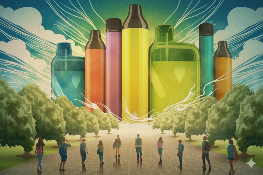 Gigantes vapo al final de un camino con gente