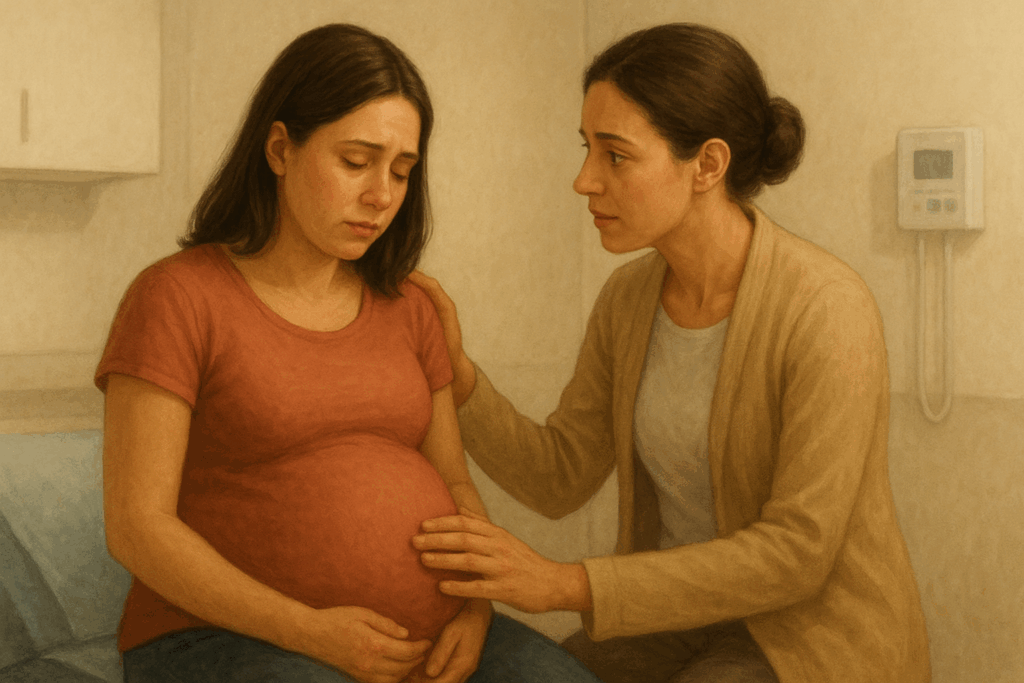 Una mujer embarazada, vestida con ropa sencilla, se encuentra sentada en una camilla dentro de una clínica. A su lado, una profesional de la salud le ofrece apoyo colocando una mano sobre su hombro. Ambas muestran una expresión serena y de comprensión mutua, en un ambiente cálido e iluminado que transmite empatía y acompañamiento.