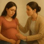 Una mujer embarazada, vestida con ropa sencilla, se encuentra sentada en una camilla dentro de una clínica. A su lado, una profesional de la salud le ofrece apoyo colocando una mano sobre su hombro. Ambas muestran una expresión serena y de comprensión mutua, en un ambiente cálido e iluminado que transmite empatía y acompañamiento.