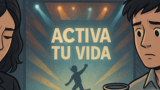 Dos jóvenes, una publicista y un periodista, observan inquietos un evento de bebida energética mientras el escenario brilla con el lema “Activa tu vida”.